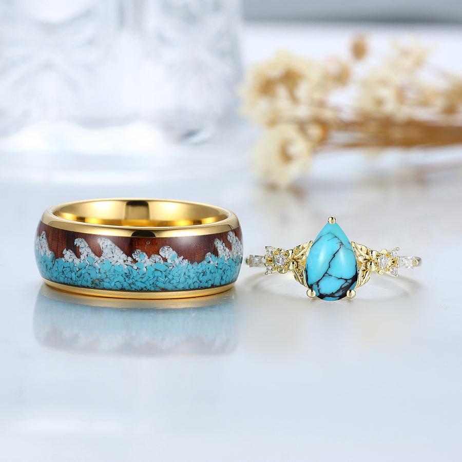 Anillos de pareja con hoja turquesa inspirados en la naturaleza Estilo océano azul Anillo a juego para él y para ella