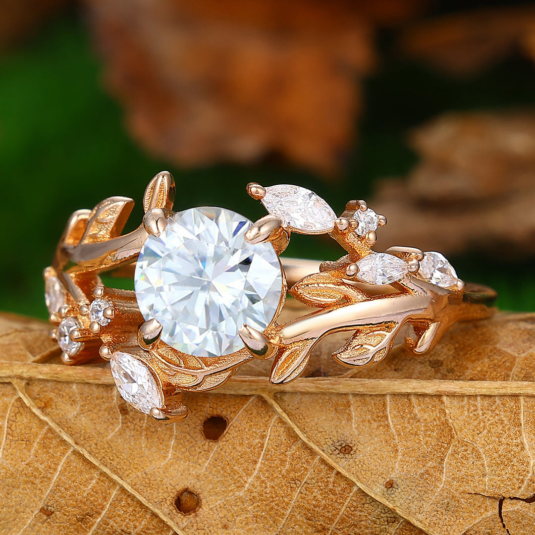 Twig Branch Round Shaped Lab Grown Diamond Engagement Ring