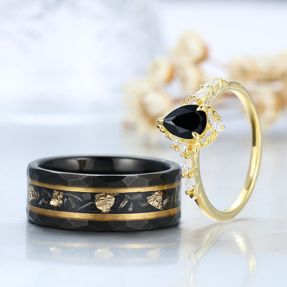 Vintage Pear Cut Black Onyx Nature Inspired His And Hers Matching
