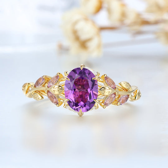 Natural Inspired Cluster Amethyst Wedding Ring Branch Style Solid Yellow Gold Women Ring