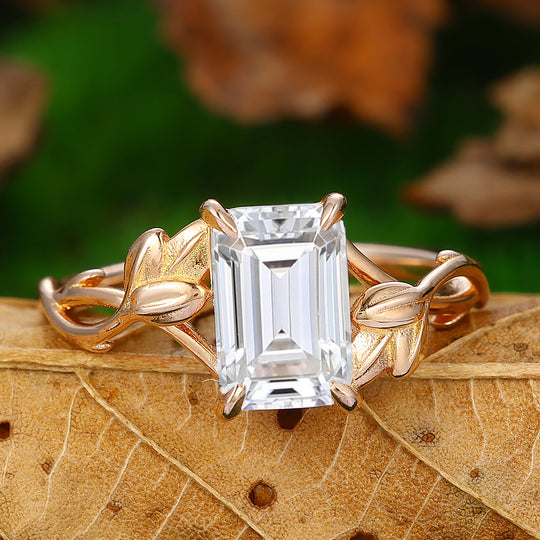 2.50CT Emerald Cut Moissanite Ring Leaf Design Ring Solitaire Ring Prong Setting Ring