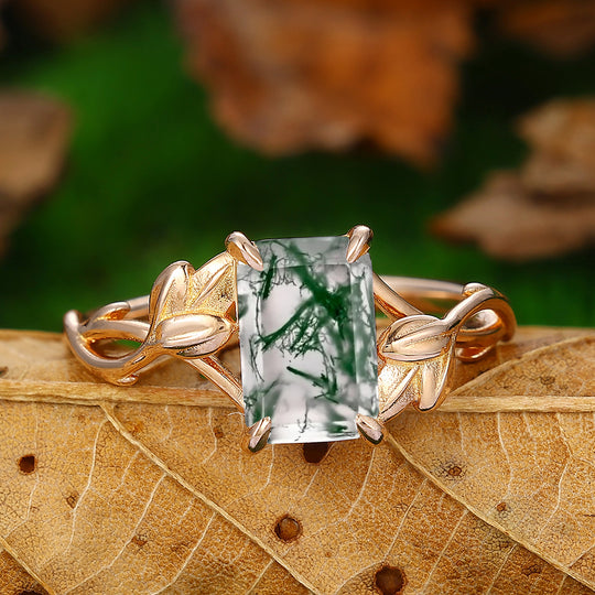 Half Eternity Leaf Vine Design 2.5 Carat Emerald Cut Moss Agate Engagement Ring