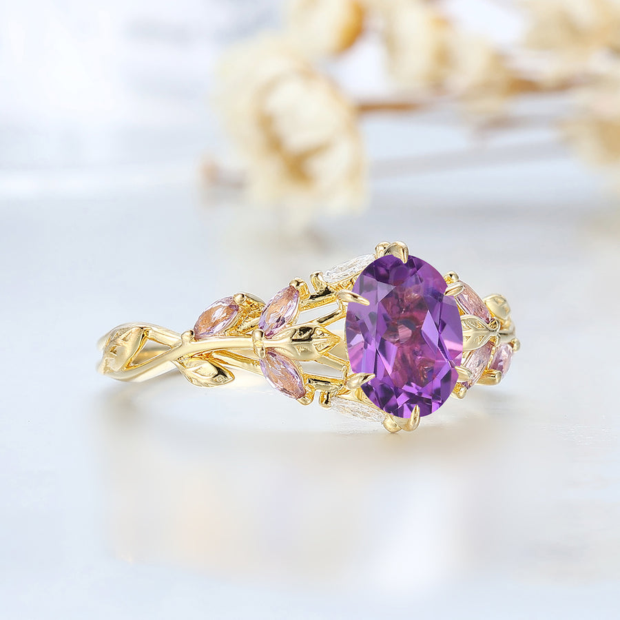 Natural Inspired Cluster Amethyst Wedding Ring Branch Style Solid Yellow Gold Women Ring