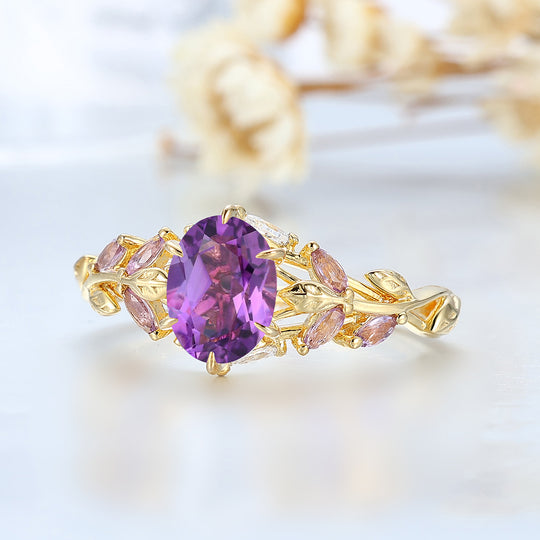 Natural Inspired Cluster Amethyst Wedding Ring Branch Style Solid Yellow Gold Women Ring