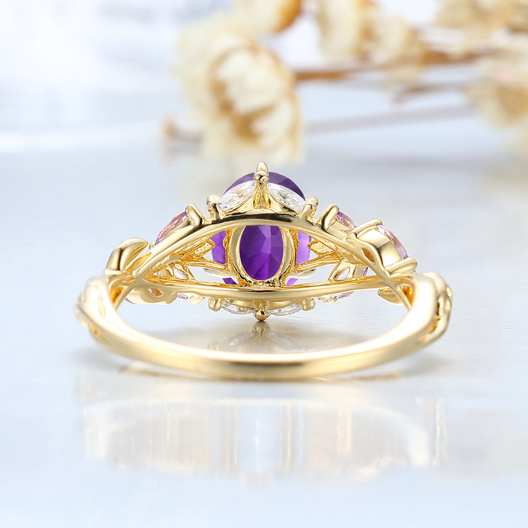Natural Inspired Cluster Amethyst Wedding Ring Branch Style Solid Yellow Gold Women Ring