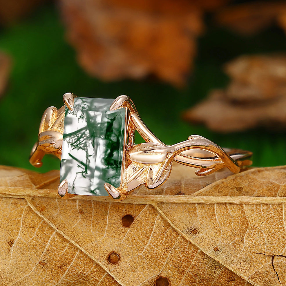 Half Eternity Leaf Vine Design 2.5 Carat Emerald Cut Moss Agate Engagement Ring