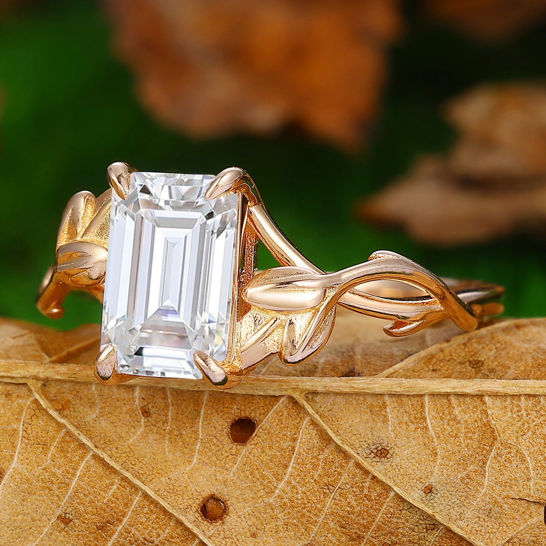 2.50CT Emerald Cut Moissanite Ring Leaf Design Ring Solitaire Ring Prong Setting Ring