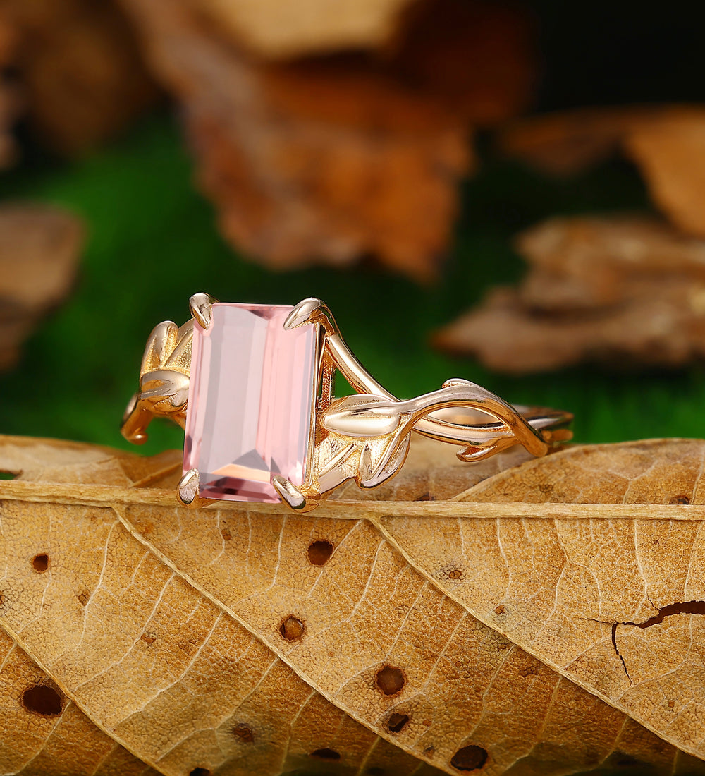 Vintage Emerald Cut Pink Morganite Engagement Ring Nature Inspired Leaf Vine Ring 14k Soild Gold