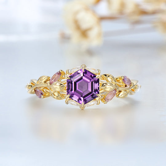 Anillo de compromiso de amatista con corte hexagonal inspirado en hojas Anillo nupcial único de oro macizo para aniversario