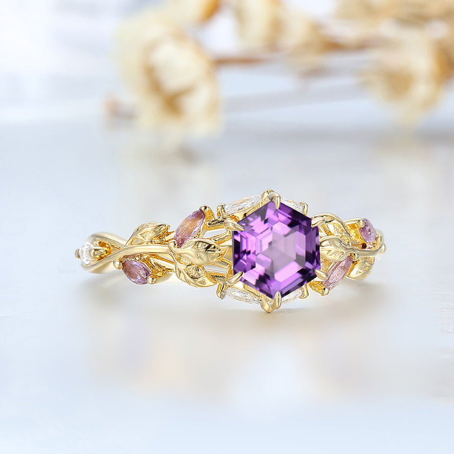 Leaf-inspired Hexagon Cut Amethyst Engagement Ring Unique Solid Gold Bridal Anniversary Ring