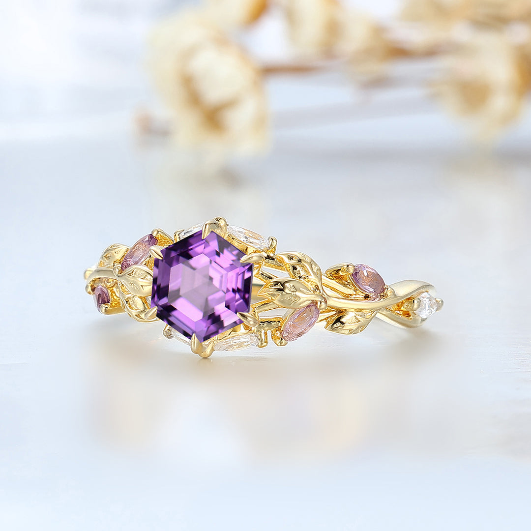 Anillo de compromiso de amatista con corte hexagonal inspirado en hojas Anillo nupcial único de oro macizo para aniversario