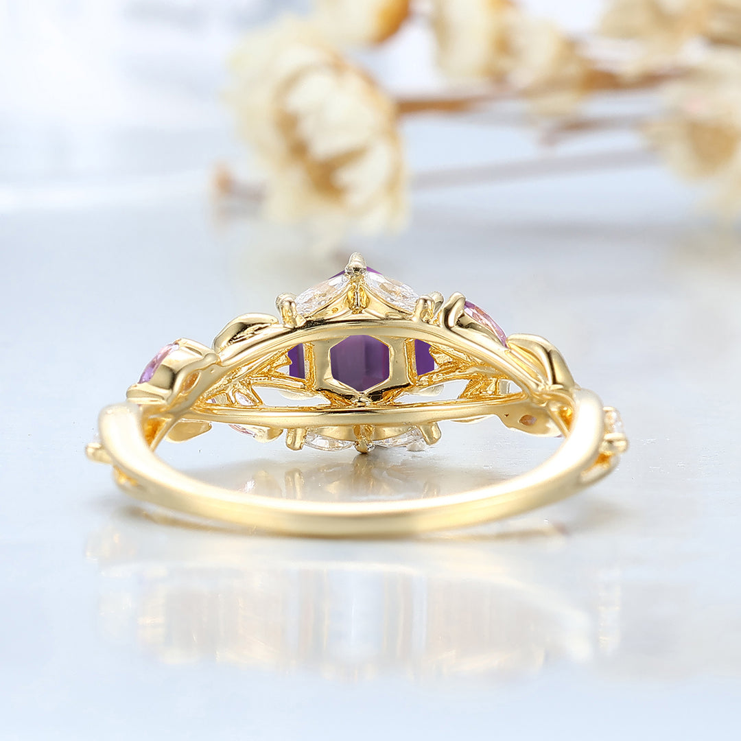 Anillo de compromiso de amatista con corte hexagonal inspirado en hojas Anillo nupcial único de oro macizo para aniversario