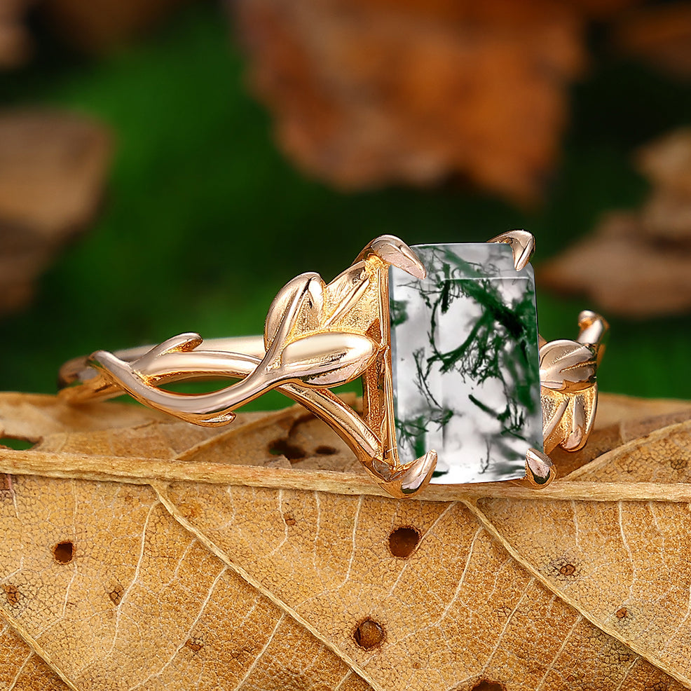 Half Eternity Leaf Vine Design 2.5 Carat Emerald Cut Moss Agate Engagement Ring