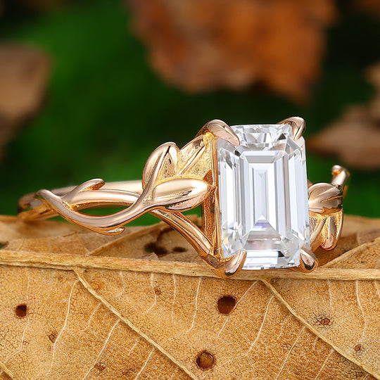 2.50CT Emerald Cut Moissanite Ring Leaf Design Ring Solitaire Ring Prong Setting Ring