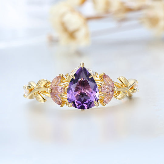 Anillo nupcial de amatista con motivo de rama y corte pera, inspirado en la naturaleza, piedra de nacimiento de febrero, anillo para mujer de amatista