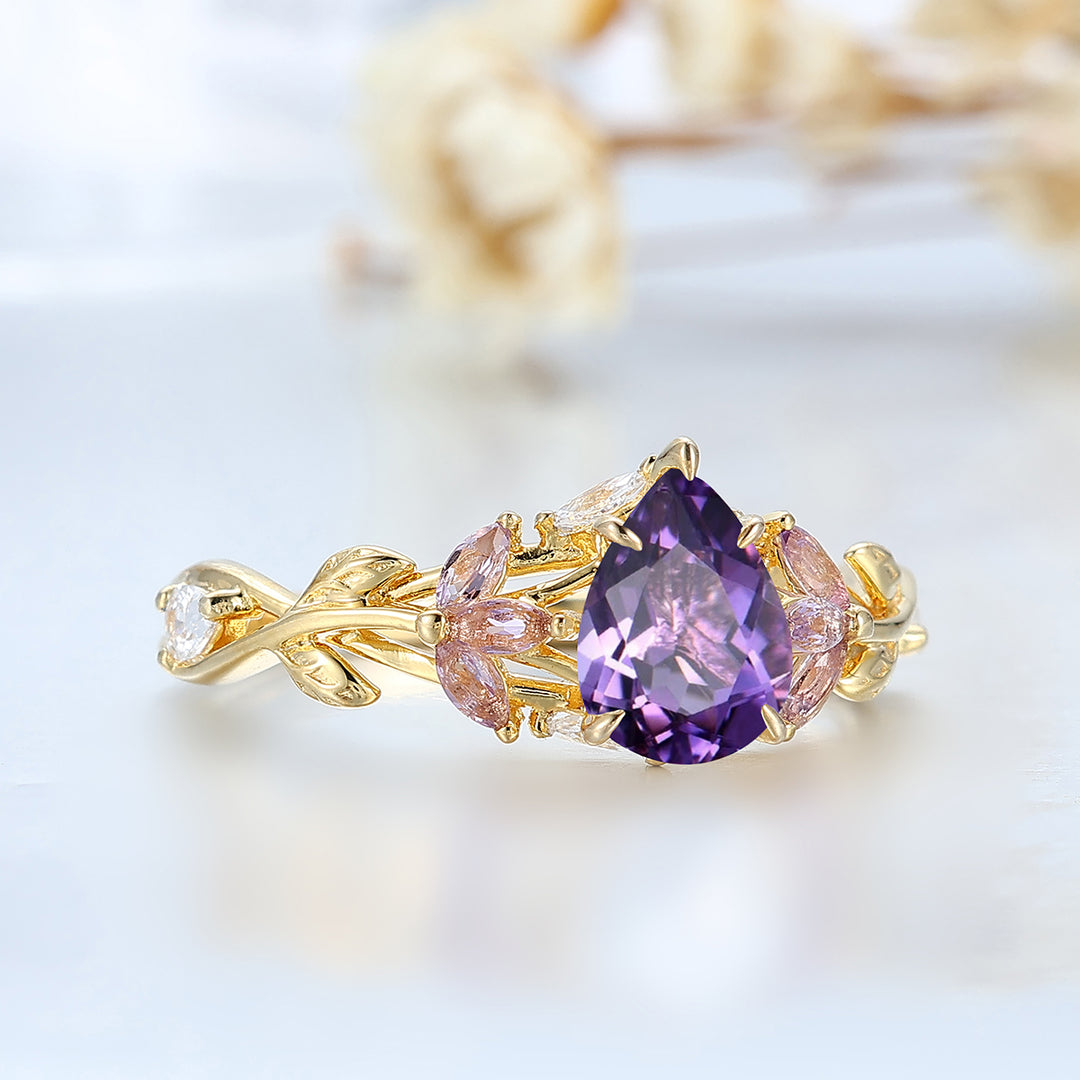 Anillo nupcial de amatista con motivo de rama y corte pera, inspirado en la naturaleza, piedra de nacimiento de febrero, anillo para mujer de amatista