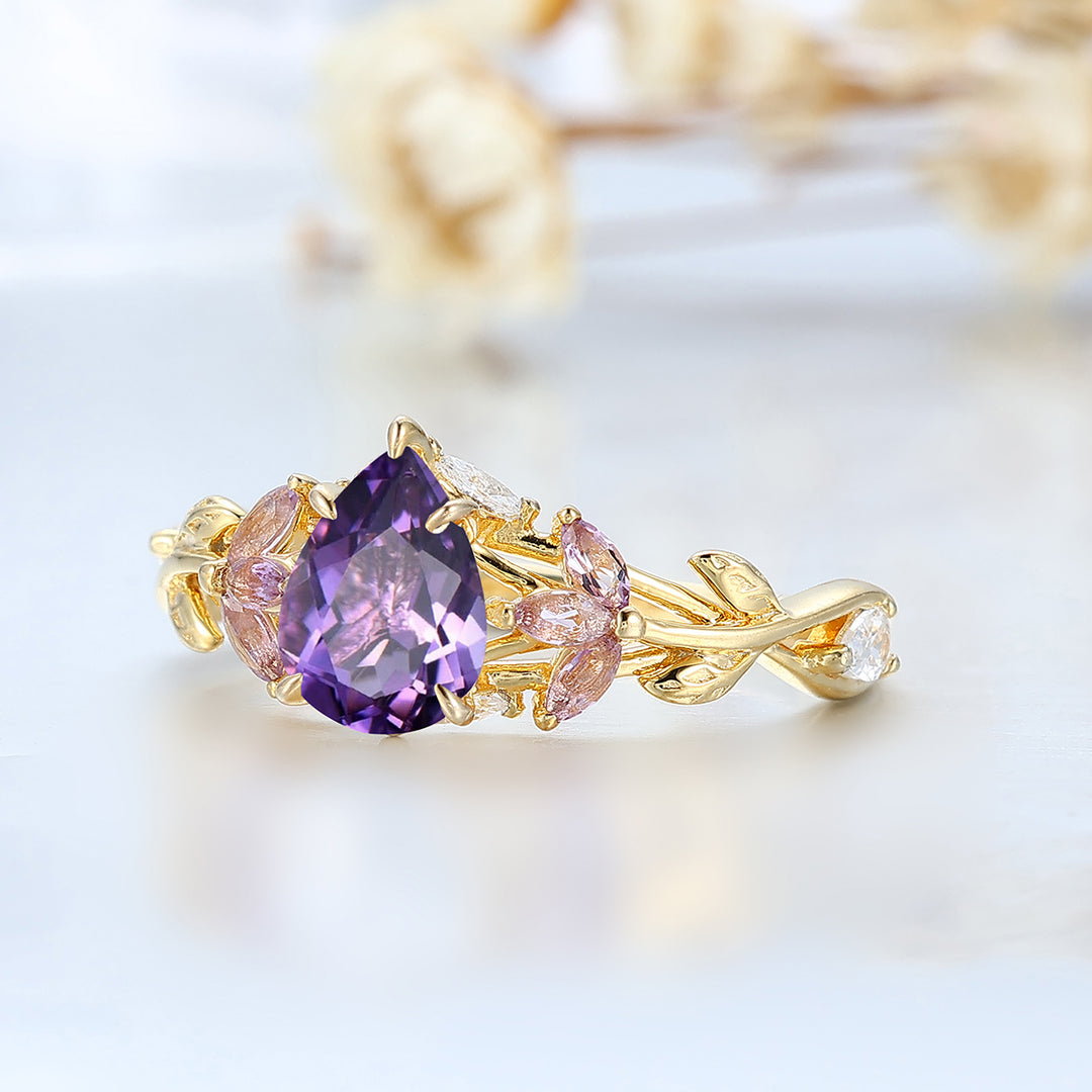 Anillo nupcial de amatista con motivo de rama y corte pera, inspirado en la naturaleza, piedra de nacimiento de febrero, anillo para mujer de amatista
