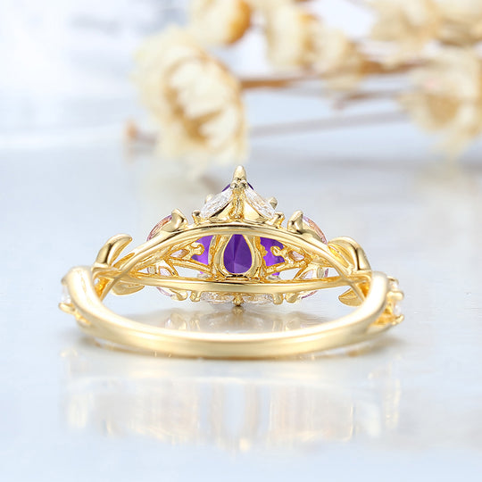 Anillo nupcial de amatista con motivo de rama y corte pera, inspirado en la naturaleza, piedra de nacimiento de febrero, anillo para mujer de amatista