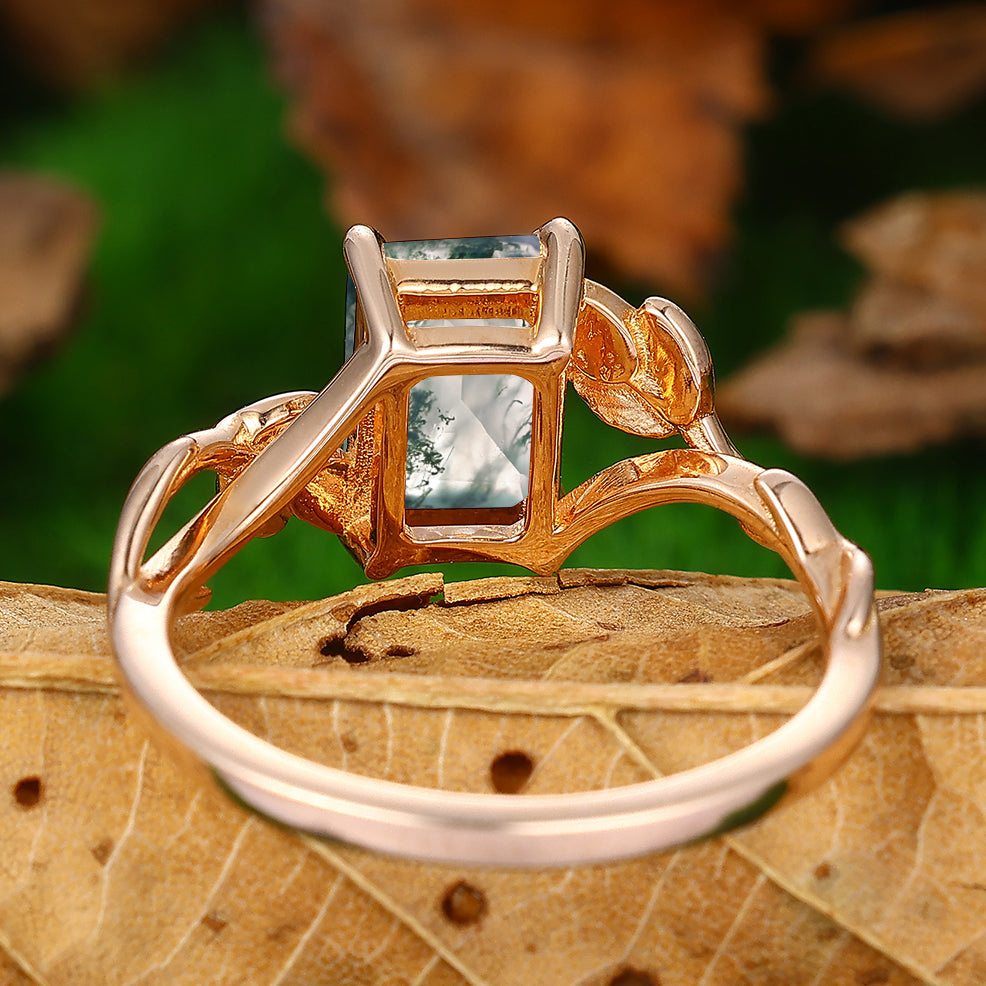 Half Eternity Leaf Vine Design 2.5 Carat Emerald Cut Moss Agate Engagement Ring