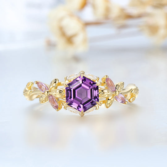 Hexagon Schliff Amethyst Blumen Brautring 14K Gold Februar Geburtsstein Amethyst Ehering