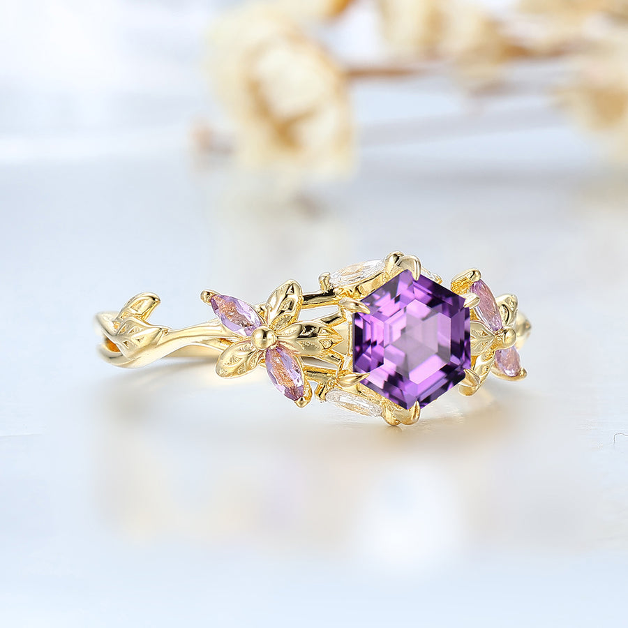 Hexagon Cut Amethyst Floral Bridal Ring 14K Gold February Birthstone Amethyst Wedding Ring