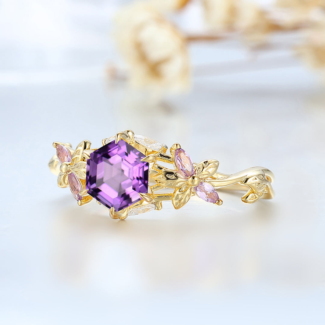 Hexagon Schliff Amethyst Blumen Brautring 14K Gold Februar Geburtsstein Amethyst Ehering