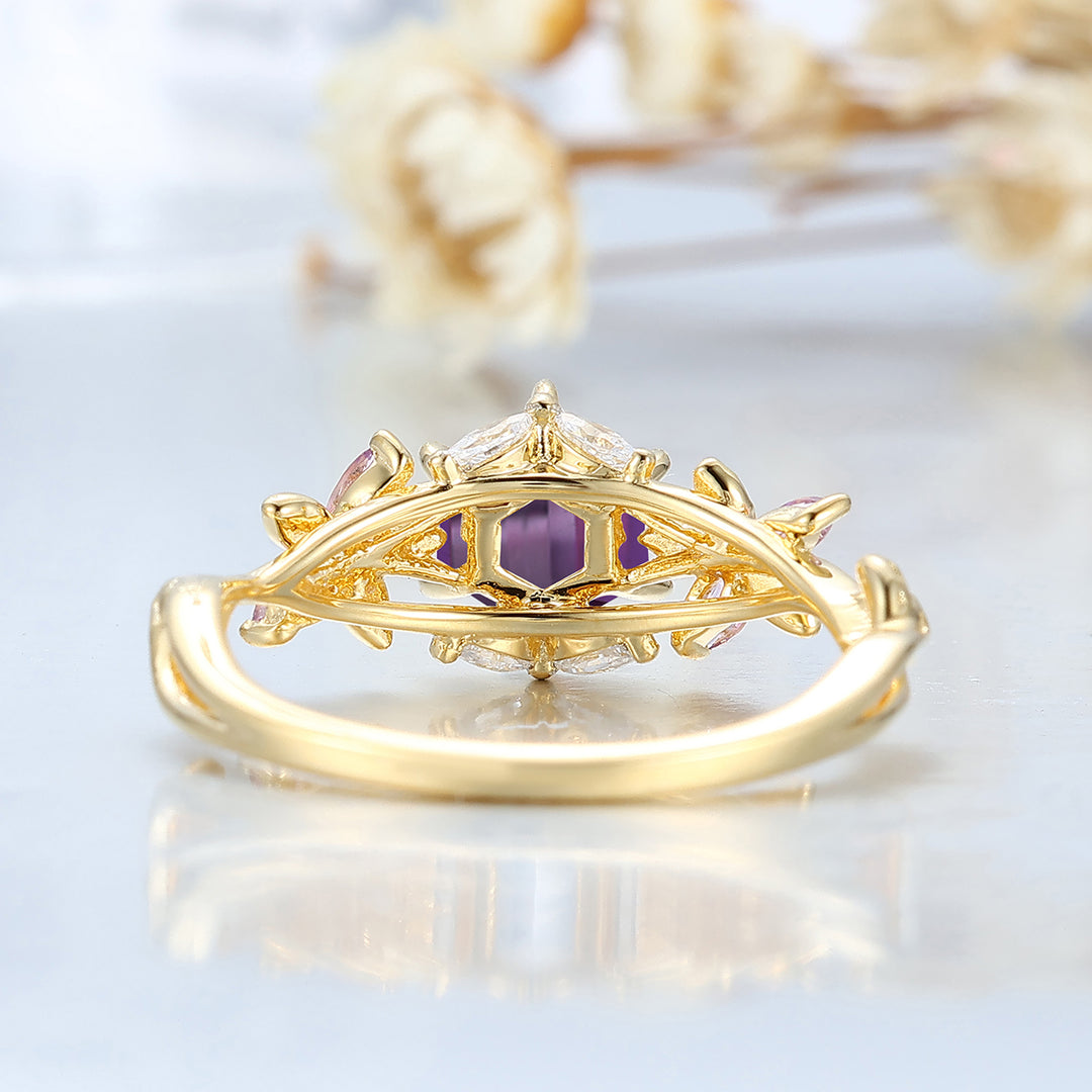 Hexagon Schliff Amethyst Blumen Brautring 14K Gold Februar Geburtsstein Amethyst Ehering