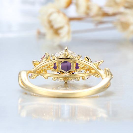 Hexagon Schliff Amethyst Blumen Brautring 14K Gold Februar Geburtsstein Amethyst Ehering