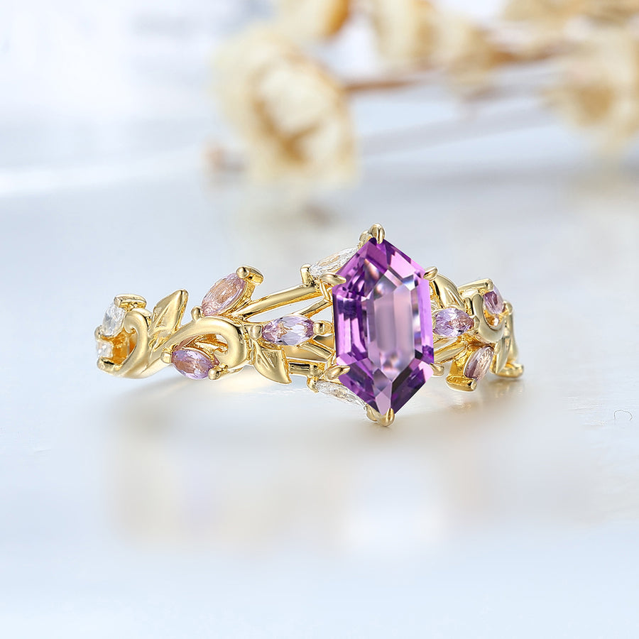 Elongated Hexagon Cut Amethyst Bridal Ring Leaf Filigreed Style Anniversary Wedding Ring