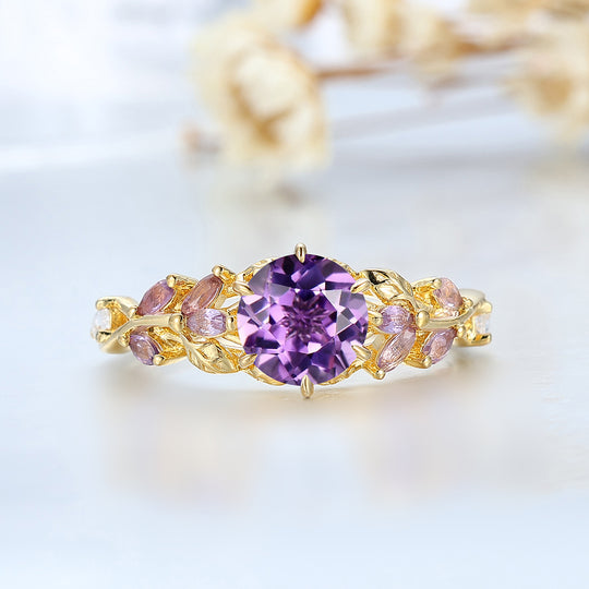 Leaf-inspired Round Amethyst Bridal Ring Solid Yellow Gold Cluster Anniversary Wedding Ring