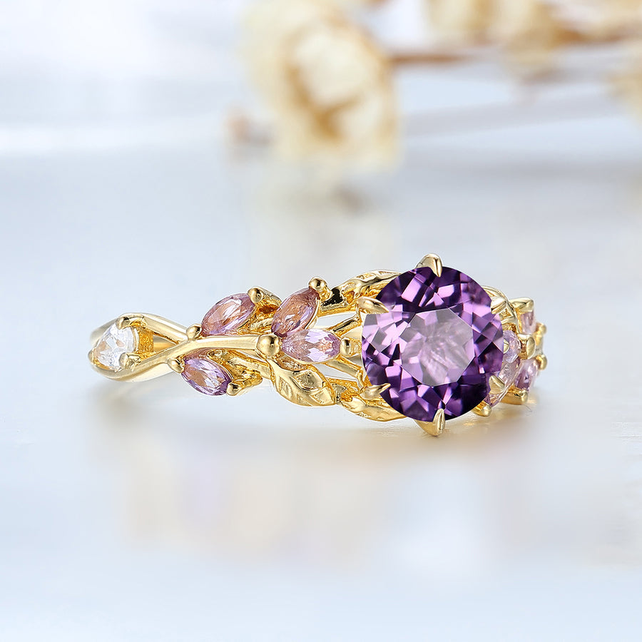 Leaf-inspired Round Amethyst Bridal Ring Solid Yellow Gold Cluster Anniversary Wedding Ring