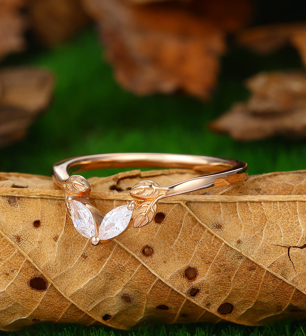 Leaf Stacking Matching Unique Moissanite Curved Wedding Band 14k Gold Promise Ring