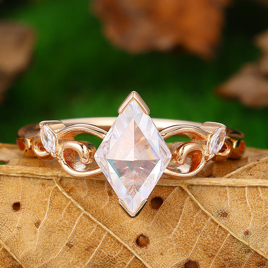 Rose Rhombus Cut 2CT   14k Rose Gold Art Deco Rhombus Moissanite  Filigree Bridal Wedding Ring