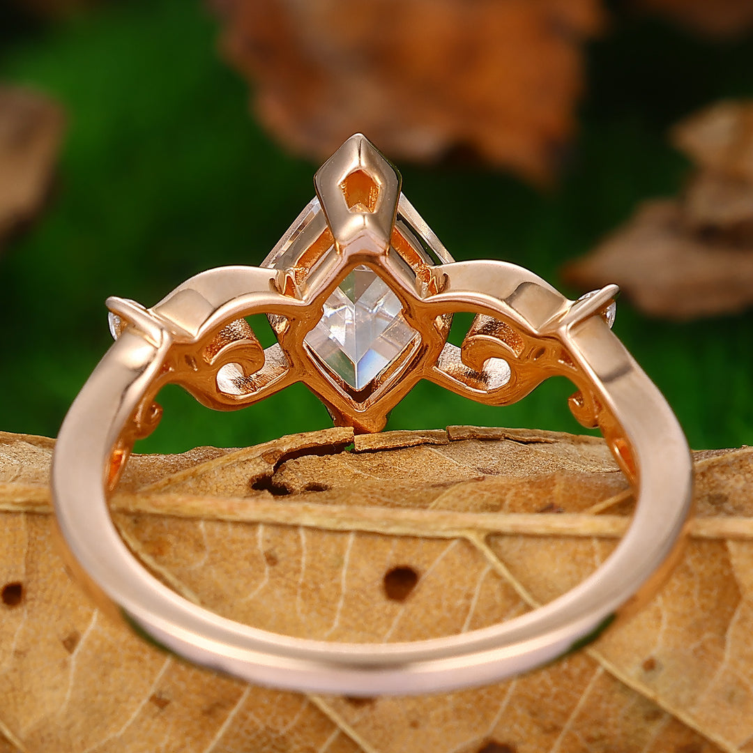 Rose Rhombus Cut 2CT   14k Rose Gold Art Deco Rhombus Moissanite  Filigree Bridal Wedding Ring