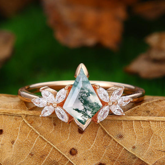 1.35 CT Kite Cut  Natural Moss Agate Bridal Ring Set Rose Gold 5 Stones Filigree Matching Band