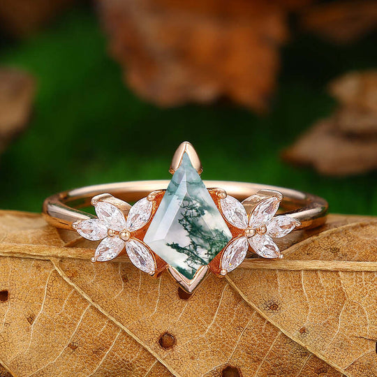 Kite Cut Moss Agate Engagement Ring Set 14k Rose Gold Art Deco  Wedding Bridal Ring