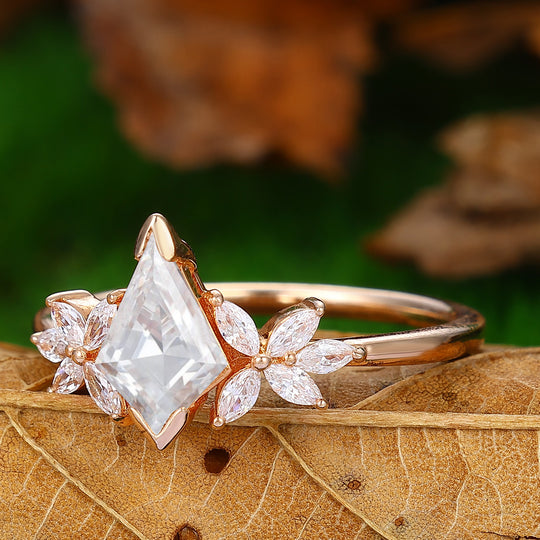 Vintage Kite Cut Moissanite  14k Rose Gold Prong Set Marquise Cut Diamond Ring