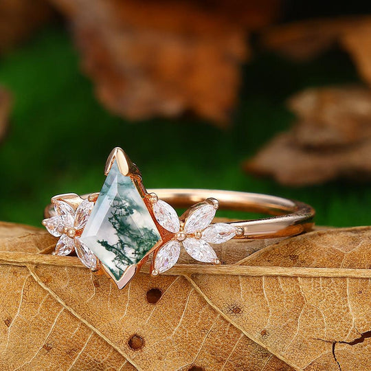 1.35 CT Kite Cut  Natural Moss Agate Bridal Ring Set Rose Gold 5 Stones Filigree Matching Band