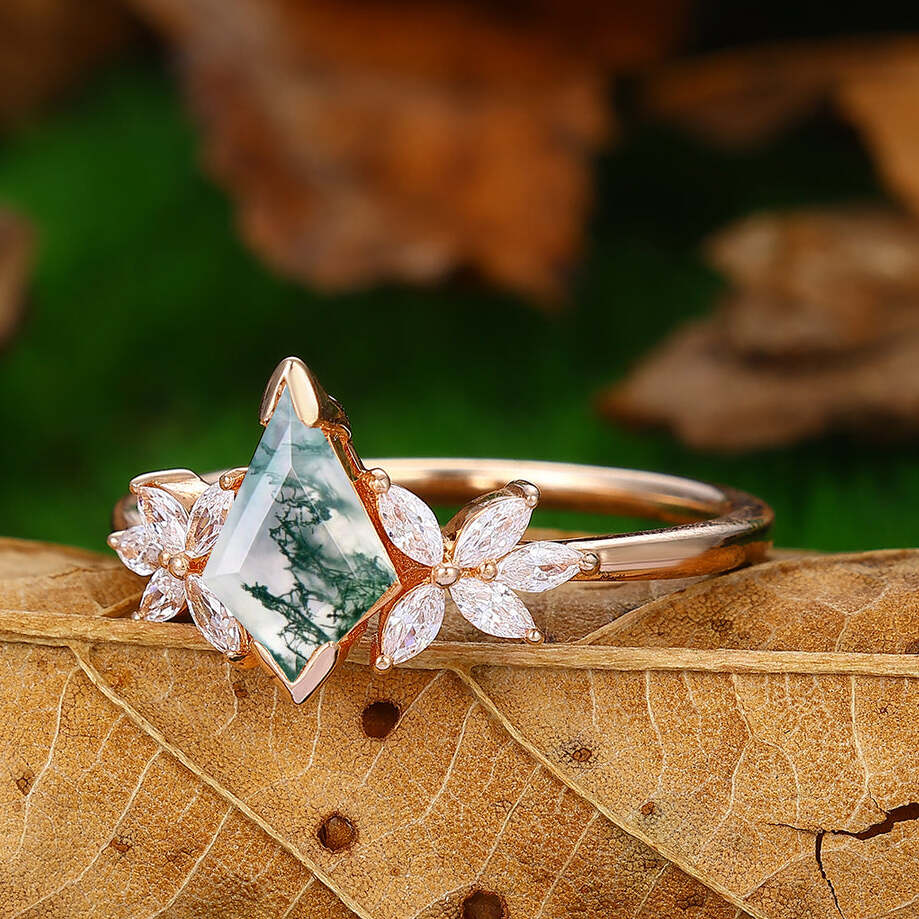 Kite Cut Moss Agate Engagement Ring Set 14k Rose Gold Art Deco  Wedding Bridal Ring