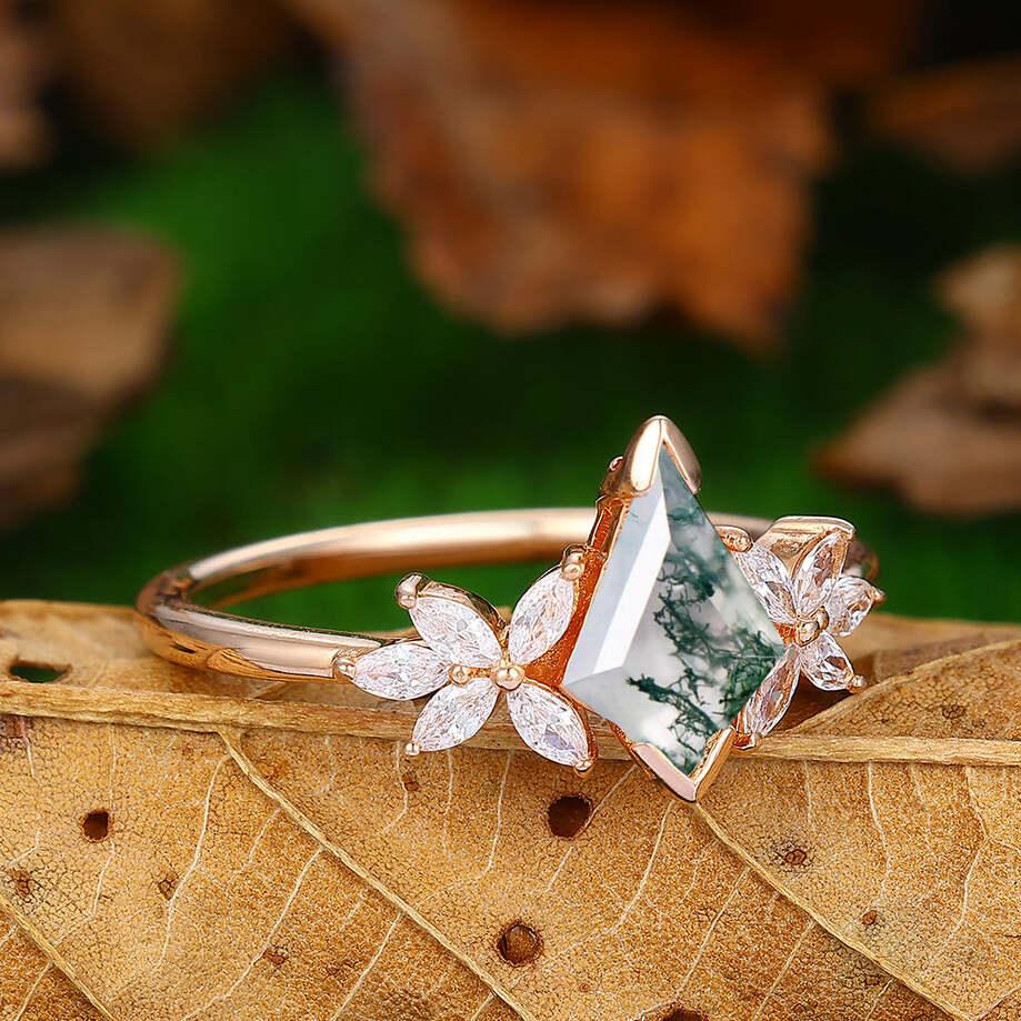 Kite Cut Moss Agate Engagement Ring Set 14k Rose Gold Art Deco