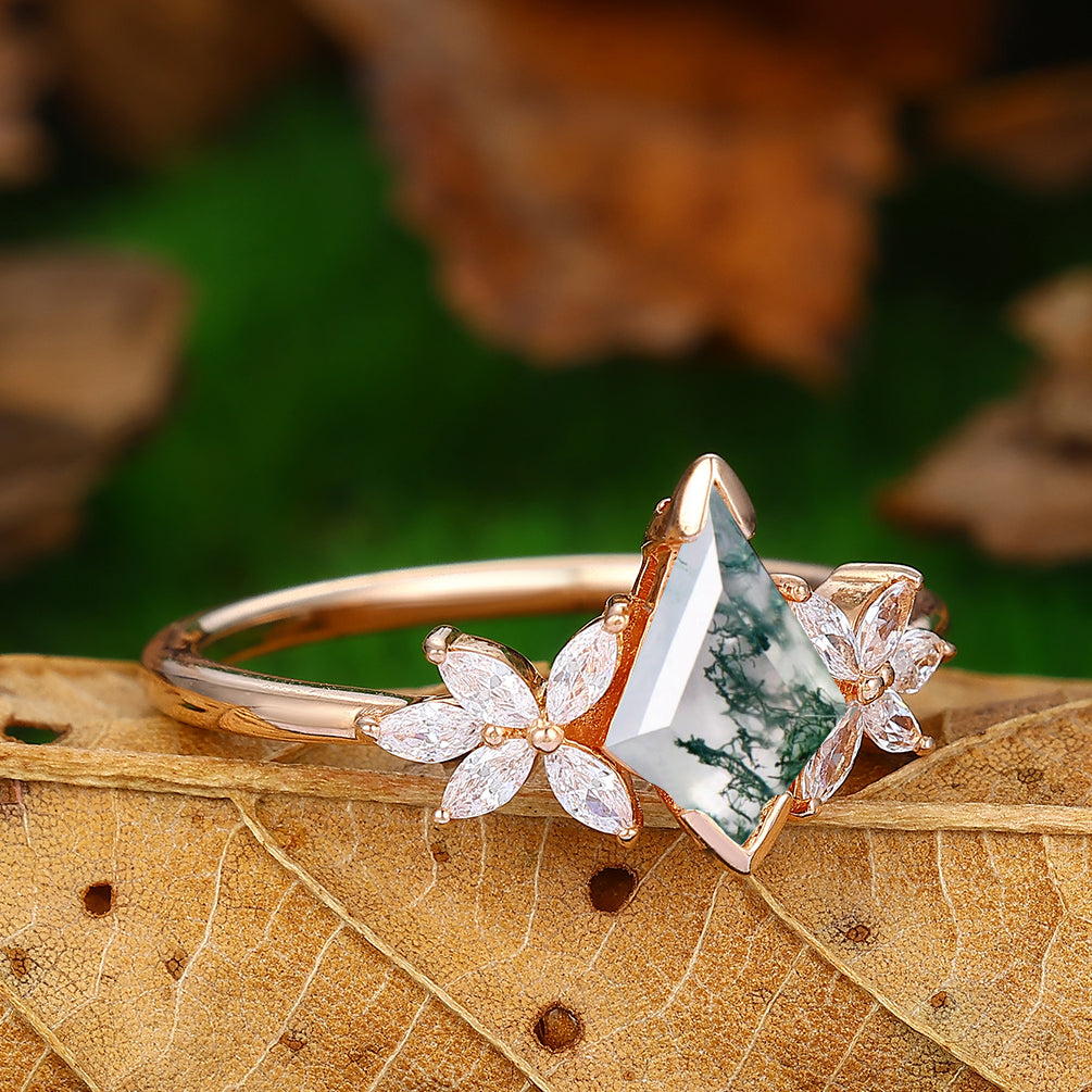 1.35 CT Kite Cut  Natural Moss Agate Bridal Ring Set Rose Gold 5 Stones Filigree Matching Band