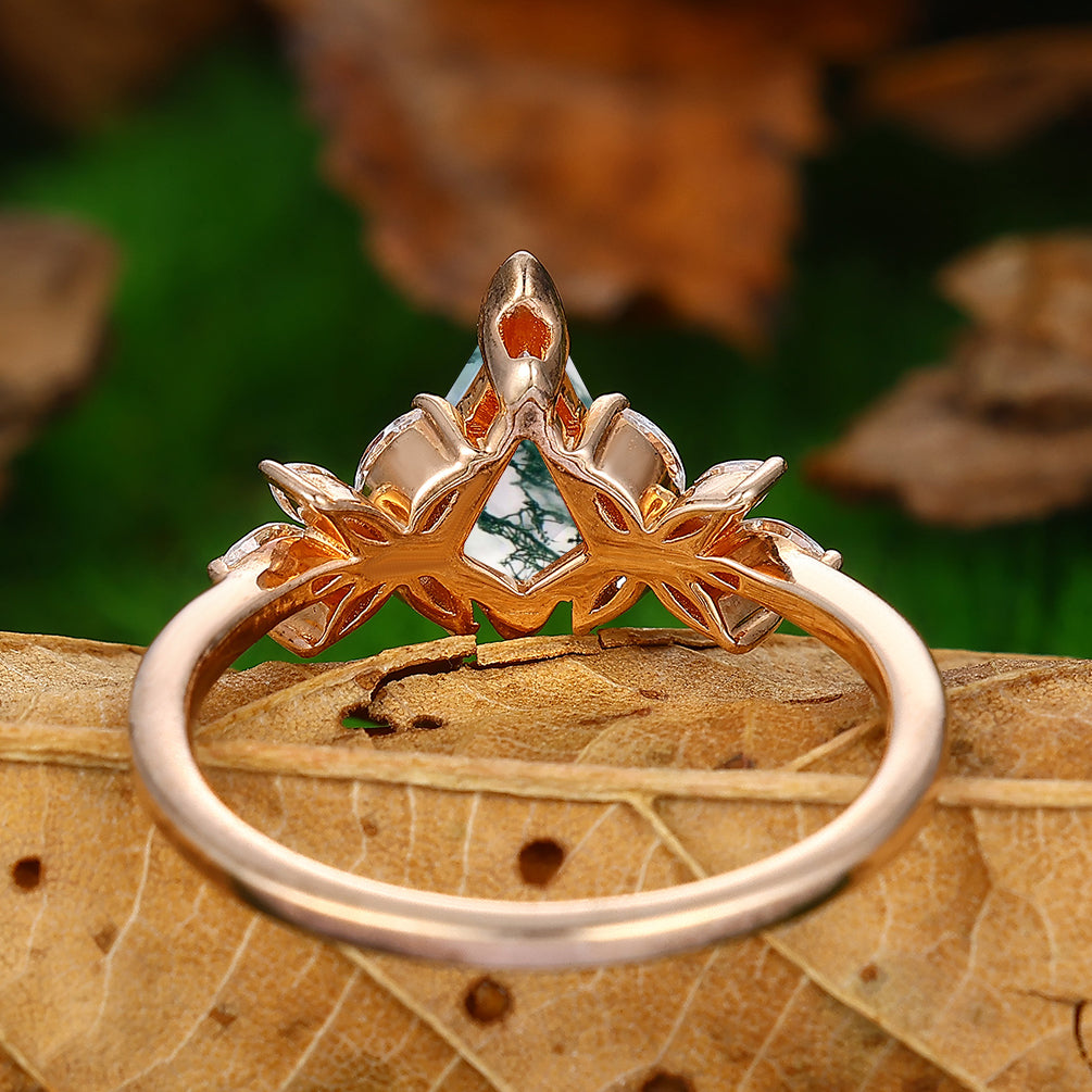 1.35 CT Kite Cut  Natural Moss Agate Bridal Ring Set Rose Gold 5 Stones Filigree Matching Band