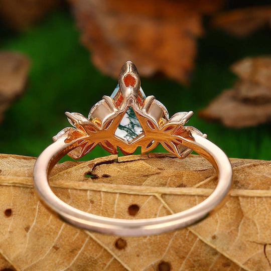 Kite Cut Moss Agate Engagement Ring Set 14k Rose Gold Art Deco  Wedding Bridal Ring