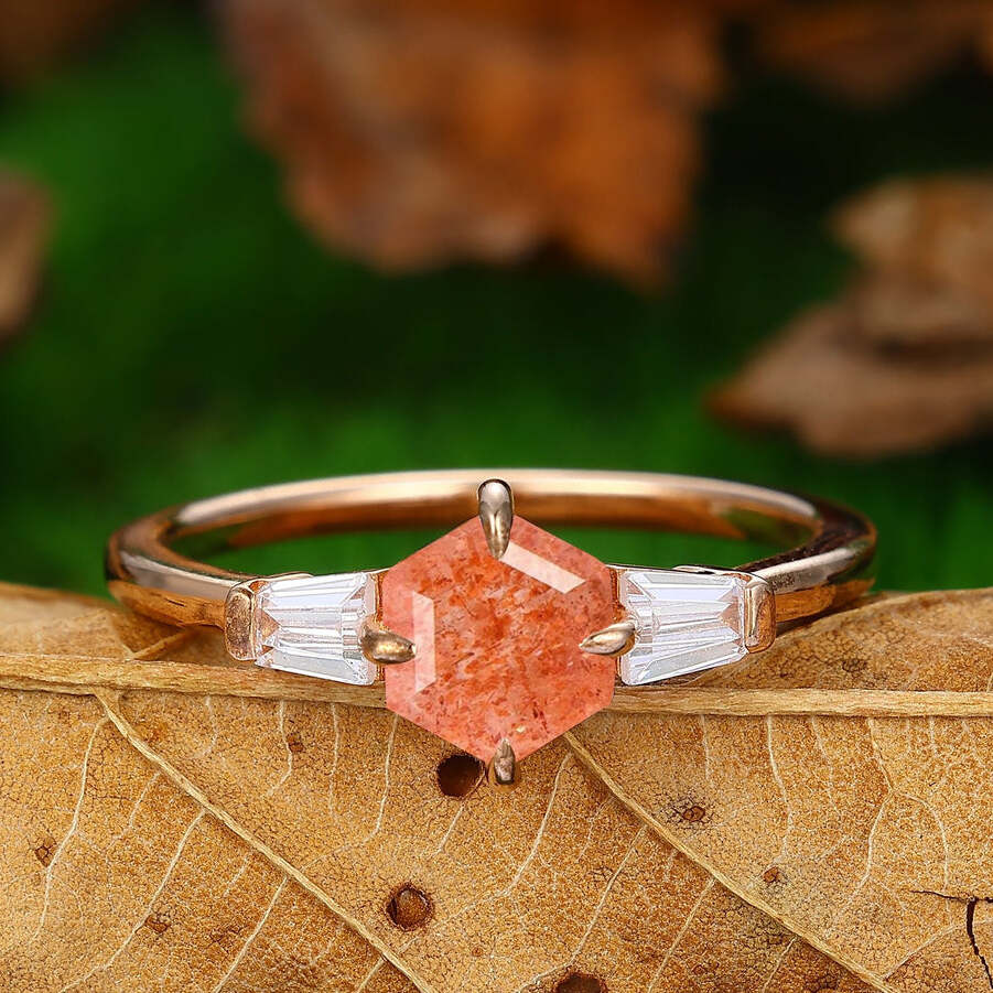 Cluster Hexagon Cut  Sterling Sliver Natural Orange Sunstone Engagement Ring