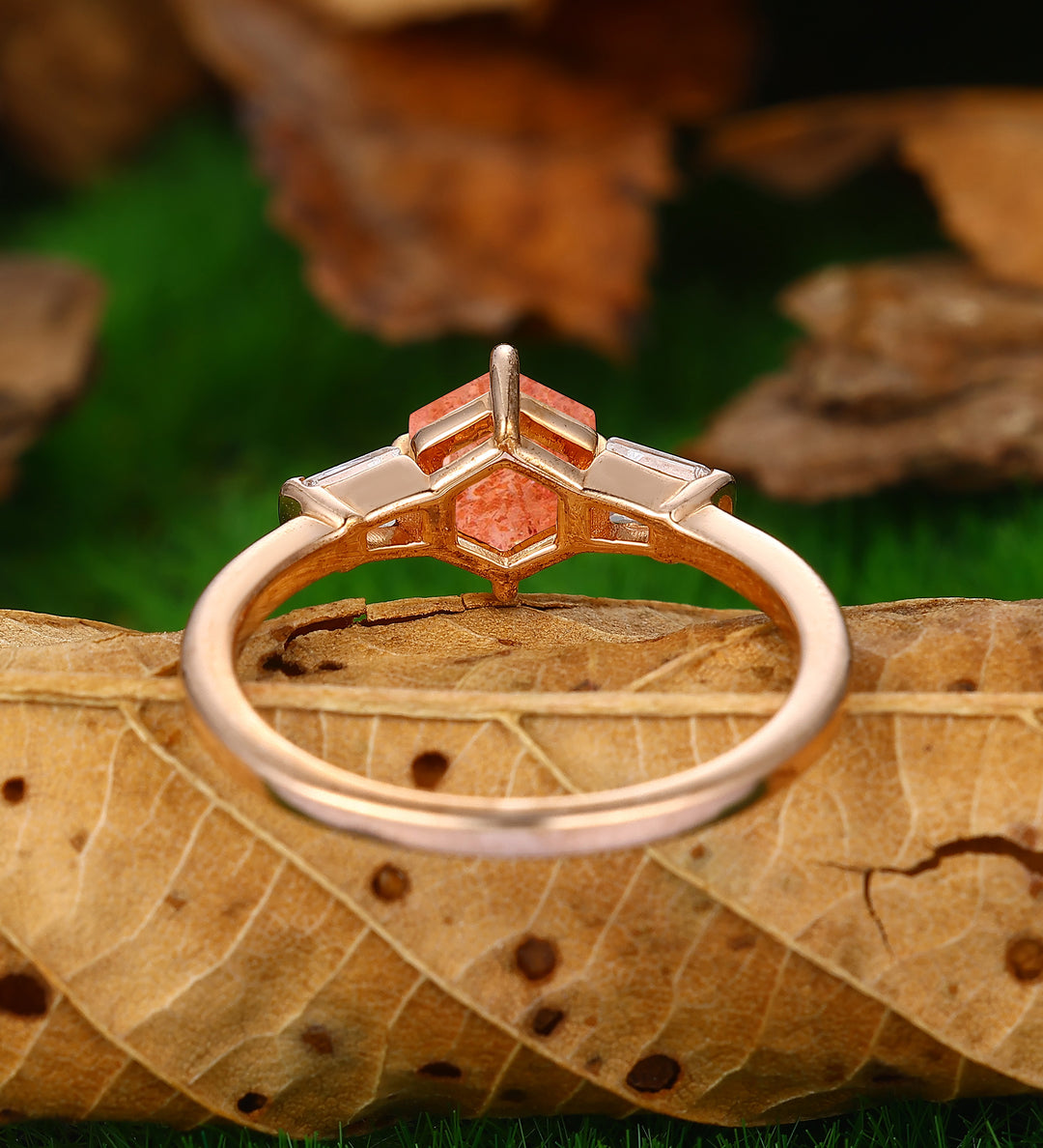 Cluster Hexagon Cut  Sterling Sliver Natural Orange Sunstone Engagement Ring