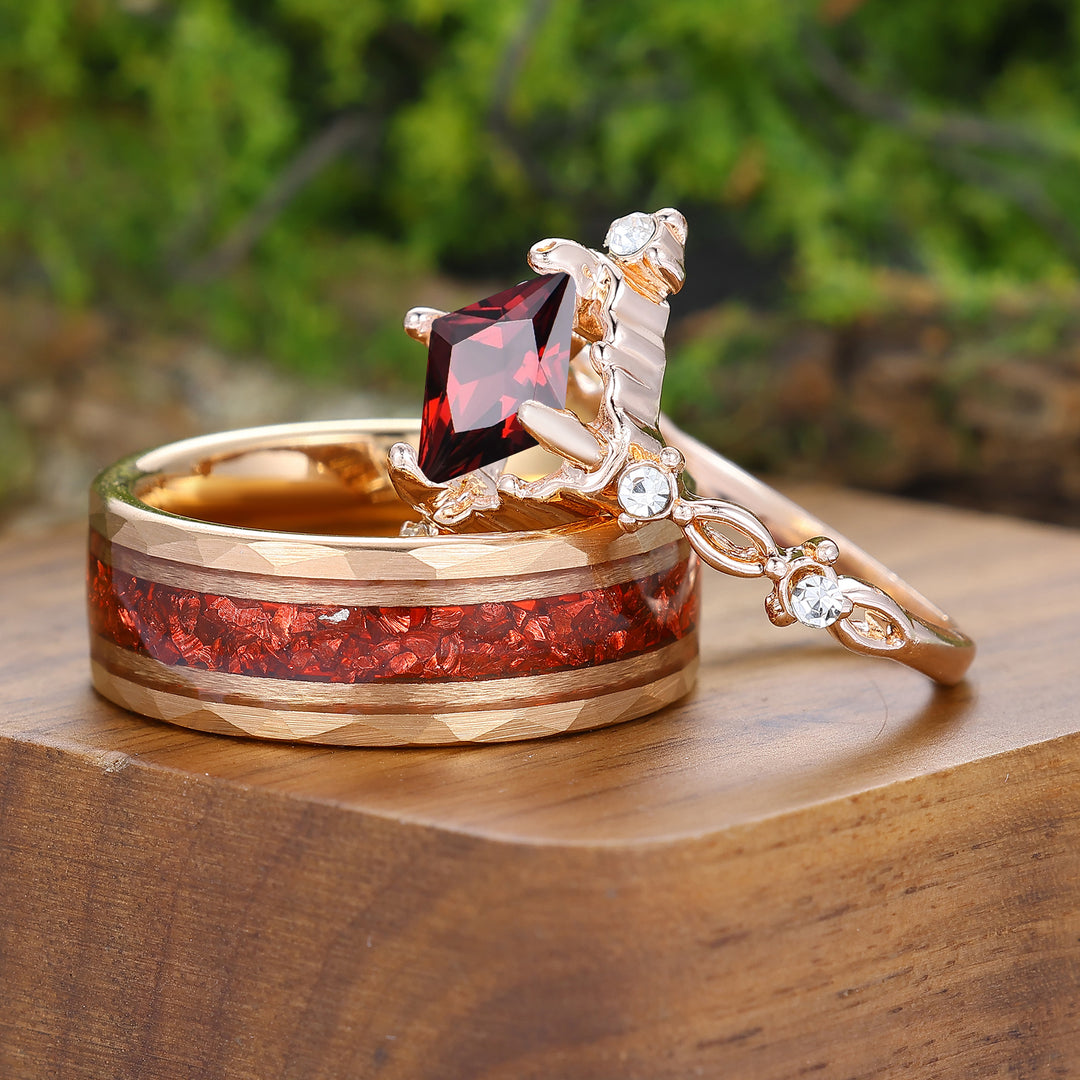 Unique Prinzessschliff Roter Granat Filigran Paar Ringe Roségold Beschichtet Seine Und Ihre Ringe