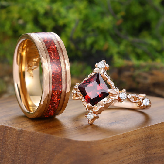 Unique Prinzessschliff Roter Granat Filigran Paar Ringe Roségold Beschichtet Seine Und Ihre Ringe