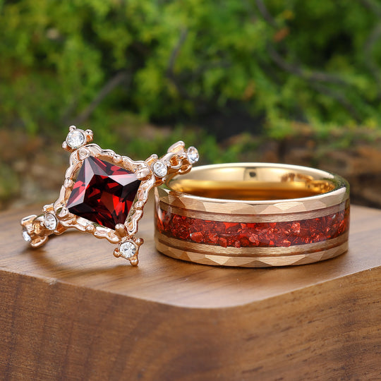 Unique Prinzessschliff Roter Granat Filigran Paar Ringe Roségold Beschichtet Seine Und Ihre Ringe