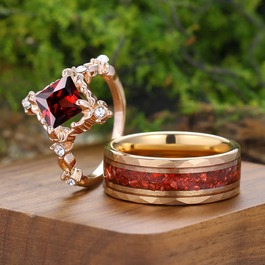 Unique Prinzessschliff Roter Granat Filigran Paar Ringe Roségold Beschichtet Seine Und Ihre Ringe