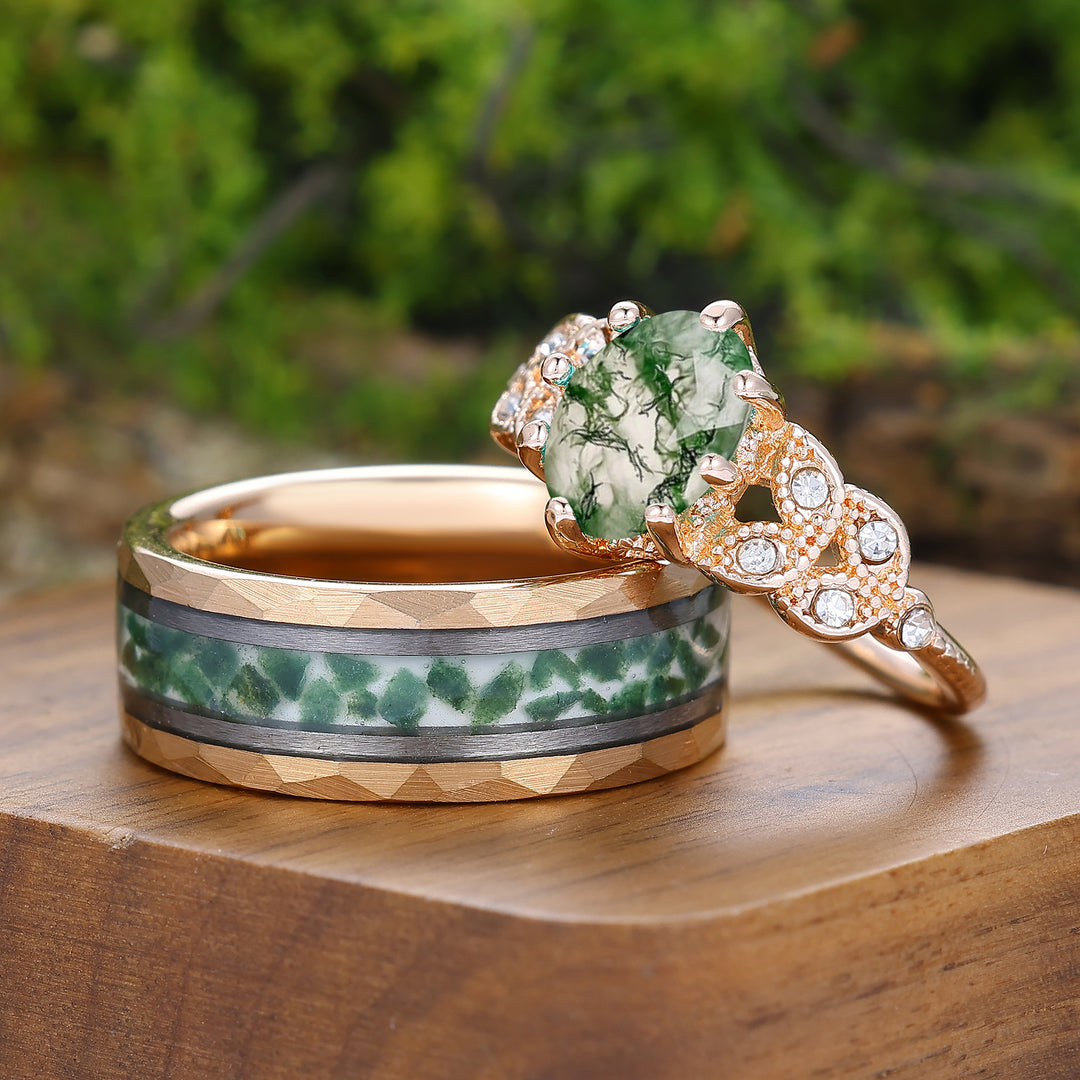 Ensemble de bagues en agate mousse d'inspiration naturelle avec finition milgrain pour lui et elle, bagues de couple Art déco